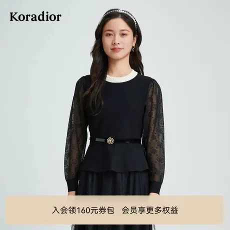 【商场同款】珂莱蒂尔秋季法式优雅钉珠拼接针织衫女上衣图片