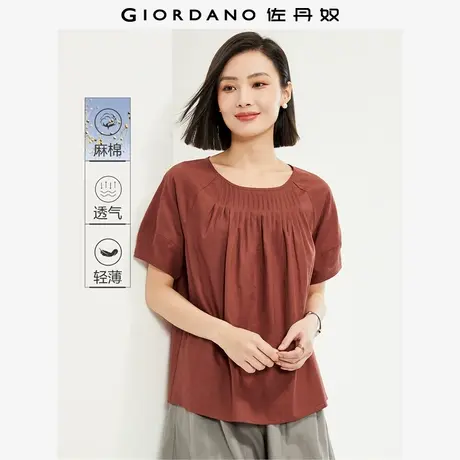 佐丹奴衬衫女装天然麻棉梭织打揽圆领插肩短袖薄衬衫 05344478商品大图