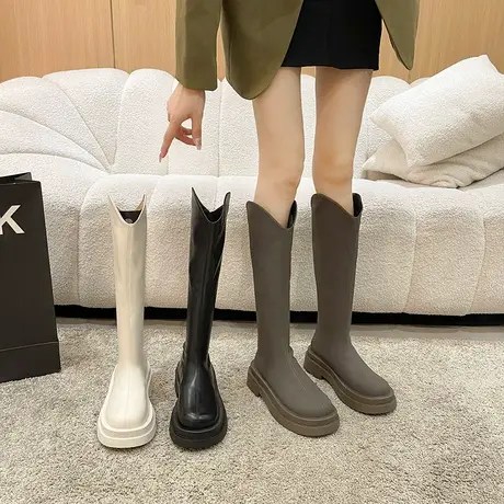 永希白色V口不过膝高筒骑士靴女春秋新款网红ins厚底粗跟长筒靴女图片