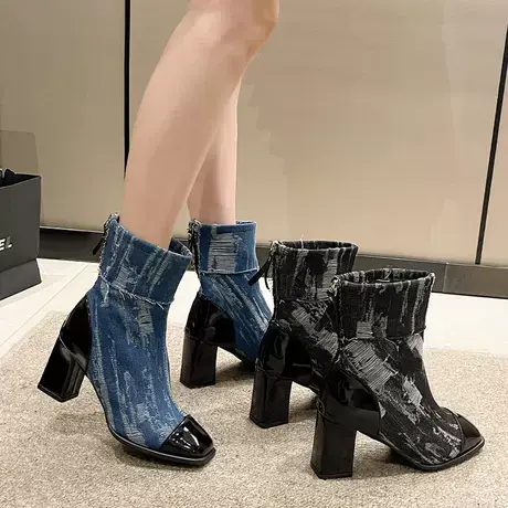 网红时尚拼接牛仔靴女2023年秋季方头粗跟时装靴高跟小短靴瘦瘦靴商品大图
