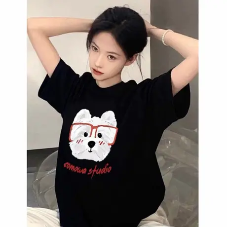 夏季纯棉短袖t恤女2025新款爆款巨好看可爱眼镜狗印花宽松上衣潮商品大图