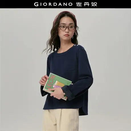 设计师款佐丹奴秋季新款纯棉拼接格纹复古宽松长袖T恤女18325220图片