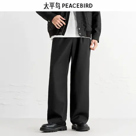 太平鸟男装休闲裤秋季直筒肌理金属扣黑色通勤西裤商务长裤K商品大图