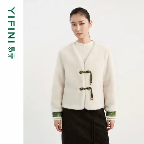 [专柜同款]Yifini/易菲国风新中式盘扣宽松短款绒感外套上衣女图片