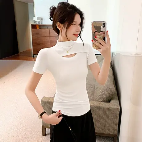 白色半高领短袖t恤女夏2025新款螺纹镂空设计感修身显瘦打底上衣商品大图