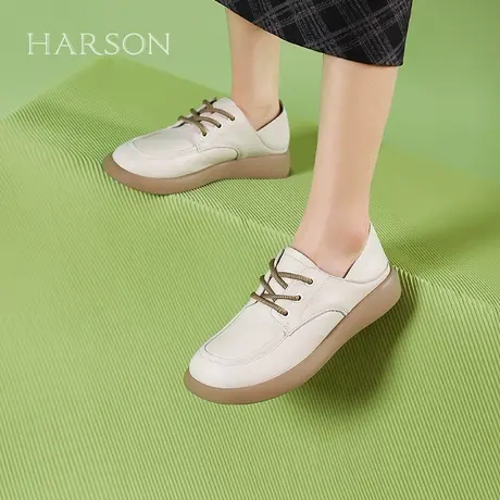 哈森休闲平底小白鞋女春秋款系带小皮鞋乐福深口单鞋HS240701商品大图