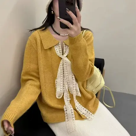 设计感系带蝴蝶结V领羊毛混纺毛衣开衫外套洋气减龄秋冬针织衫女商品大图
