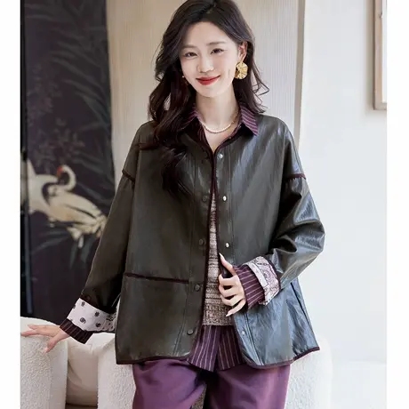 宝诗黎【新品价338元】圆领宽松皮质短外套CCF1040商品大图