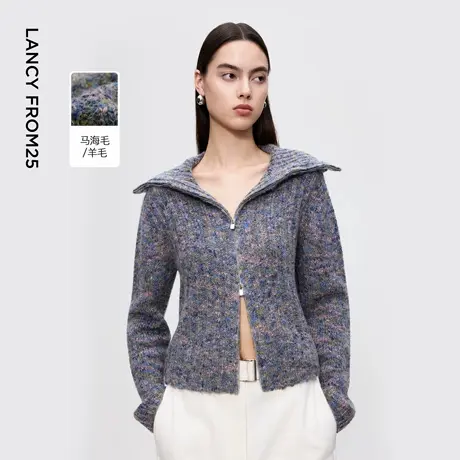 朗姿翻领双开拉链短款针织衫复古时尚通勤毛衣女2025年冬季新款商品大图
