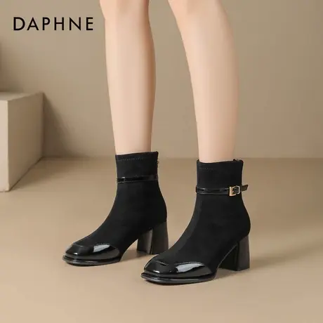 达芙妮黑色短靴女2025冬季新款粗跟绒面高跟鞋高级法式马丁靴加绒商品大图