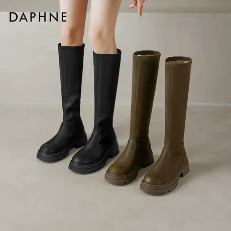 达芙妮加绒长筒靴女2025新款冬季厚底增高黑色瘦瘦靴不过膝骑士靴图片