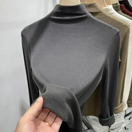 气质半高领加薄绒加厚长袖T恤女2023秋冬新款纯色内搭打底衫上衣商品大图