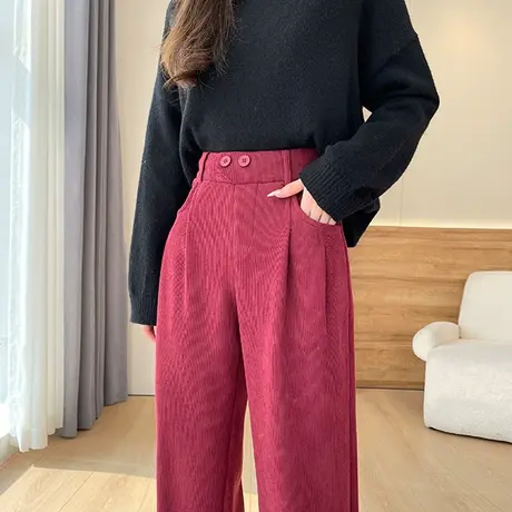 酒红色雪尼尔阔腿裤女2023冬季新款高腰直筒加绒灯芯绒休闲拖地裤商品大图