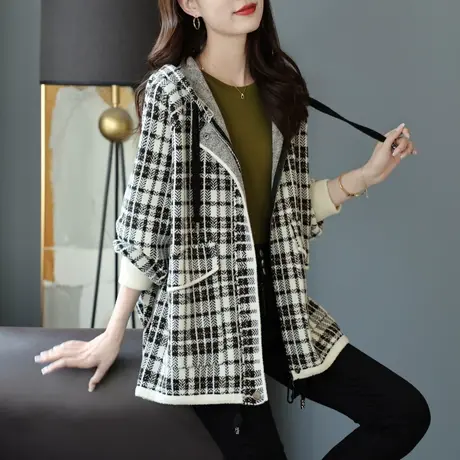 宝诗黎连帽格纹宽松休闲短外套2023秋装新款拉链开衫上衣时尚女装图片
