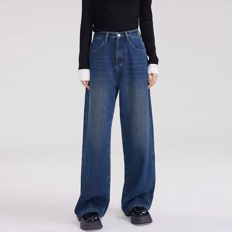 尔给宽松潮牌高腰阔腿加绒牛仔裤2023年新款女冬季梨形身材裤子商品大图