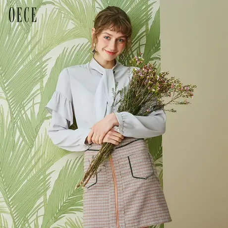 Oece2022春装新款女装 通勤气质荷叶边系带雪纺衬衫春女图片