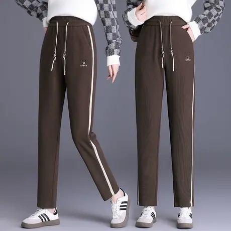 洋气哈伦裤子女秋冬季抽绳刺绣显瘦侧条纹垮裤宽松羊绒加厚运动裤商品大图