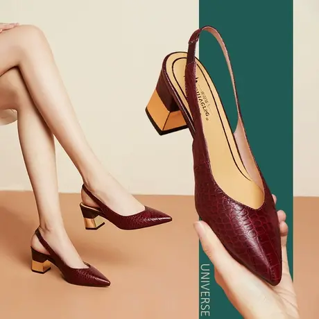 清仓包头凉鞋女里外真皮后空一字带酒红色粗跟高跟夏季女鞋商品大图