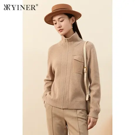 YINER音儿女装冬季高领拉链纯羊绒针织衫商品大图