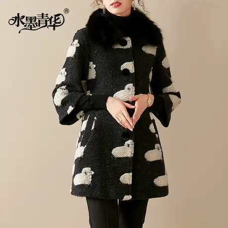 水墨青华2024春装新品时尚百搭修身中长款保暖大衣长袖毛呢外套女商品大图