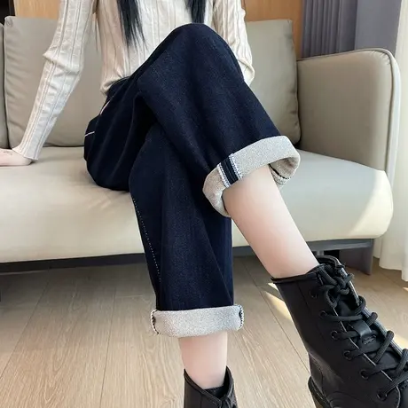 蓝色加绒牛仔裤女冬季薄绒高腰宽松显瘦小个子哈伦卷边高腰老爹裤商品大图