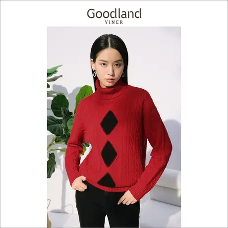 音儿美地女装2022冬季新款红色高领毛衣慵懒风条纹针织衫商品大图