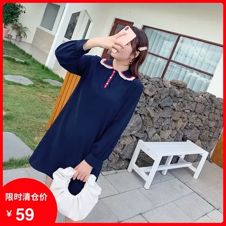 【清仓】装新款大码显瘦娃娃领木耳边甜美减龄显瘦直筒胖mm连衣裙商品大图