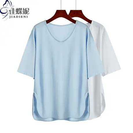夏季新款韩版纯棉宽松大码中长款开叉圆领纯色短袖体恤上衣女装商品大图