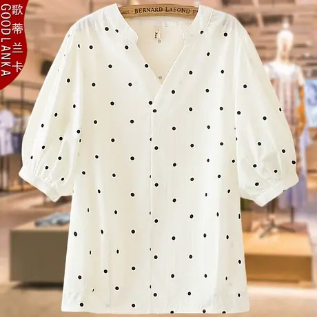 大码中老年短袖t恤女新款夏装宽松时尚中年妈妈装波点纯棉V领衬衫商品大图