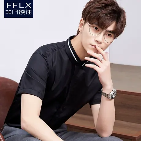 非凡领袖夏季暗门襟黑色衬衫男短袖商务休闲潮流商务纯棉丝光棉衫图片