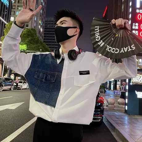 小众潮牌牛仔拼接长袖衬衣男秋季上衣新款痞帅设计感休闲衬衣百搭图片