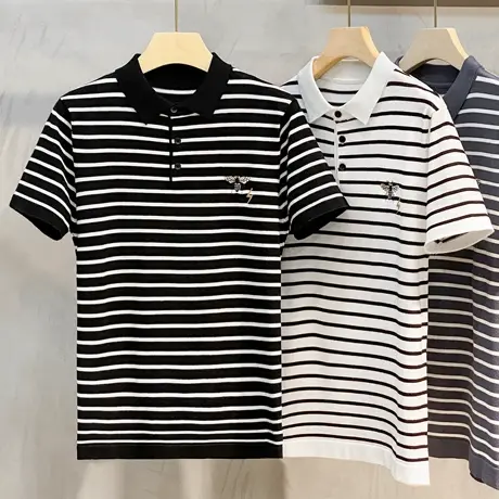 蜜蜂刺绣条纹短袖T恤男夏季薄款男士POLO衫针织衫修身轻商务休闲商品大图