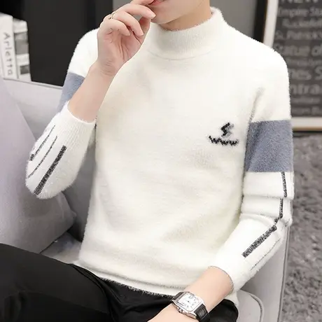 水貂绒毛衣男士春秋季圆领长袖针织打底衫加绒加厚潮流冬装线衣男商品大图