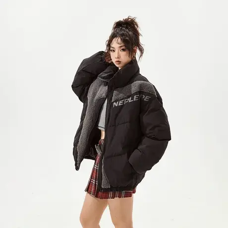 YEP黑色羊羔毛拼接棉服女加厚冬季外套新款复古宽松oversize棉衣商品大图