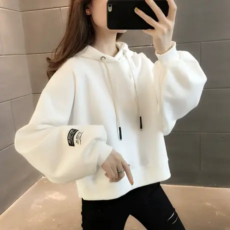 白色连帽卫衣女春秋款短款2024新款宽松薄款小个子外套春季上衣潮商品大图
