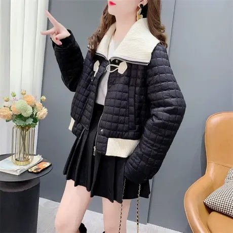 大翻领牛角扣拼接棉服外套女秋冬2023年新款设计感短款小个子上衣图片
