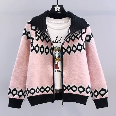 复古撞色提花翻领拉链毛衣外套女秋冬2023新款宽松慵懒风针织开衫图片