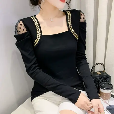 网纱拼接泡泡袖T恤女装性感镂空方领上衣欧货气质打底衫长袖春秋图片