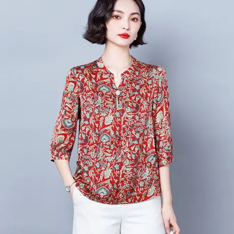 2023夏季新款七分袖衬衫女大牌桑蚕丝印花复古大码女上衣妈妈装图片