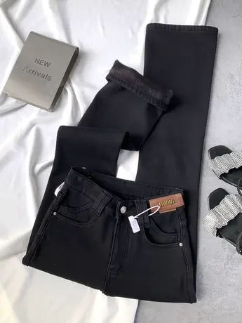 皮牌加厚绒牛仔喇叭裤女2023冬季新款保暖显瘦百搭高腰修身马蹄裤商品大图