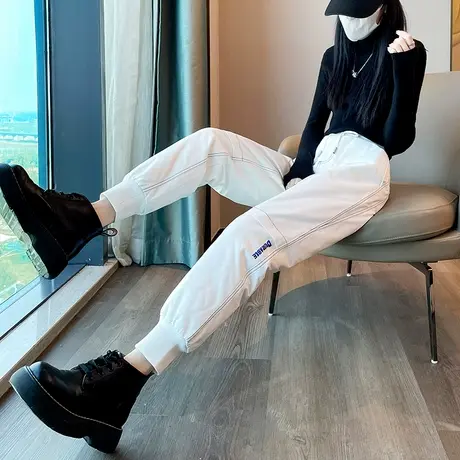 羽绒裤女外穿时尚2024冬新款高腰宽松显瘦加厚棉裤白色束脚运动裤商品大图