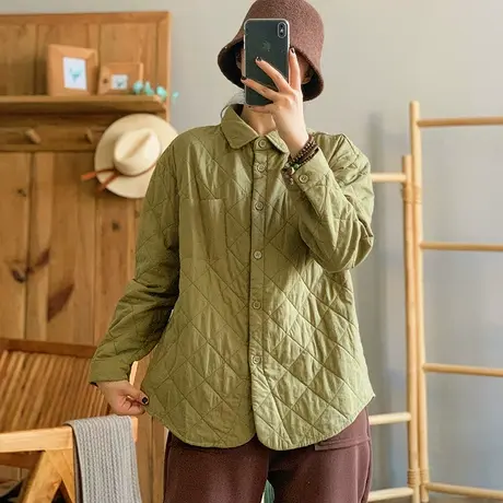 dza 复古休闲菱格夹棉衬衫外套女士秋冬保暖内搭上衣宽松显瘦衬衣图片