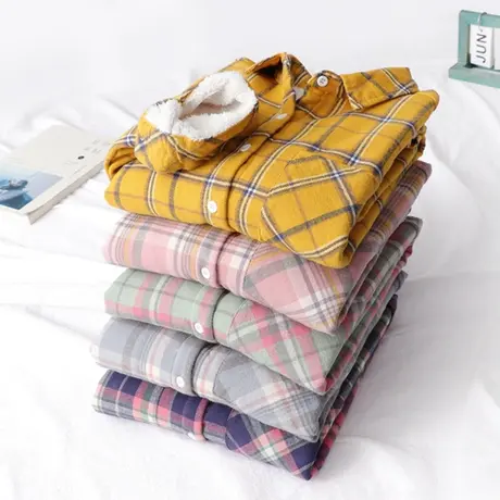 复古港味文艺格纹加厚加绒衬衫女长袖保暖冬2019新款格子打底衬衣图片