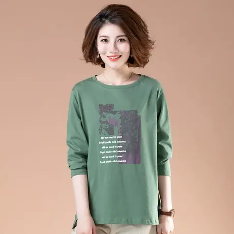 纯棉长袖t恤女春秋季加肥加大码女装宽松印花中年妈妈打底衫体恤商品大图