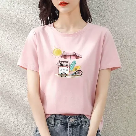 2022年夏季新品纯棉粉色短袖t恤女装百搭显瘦宽松半袖体恤女上衣图片