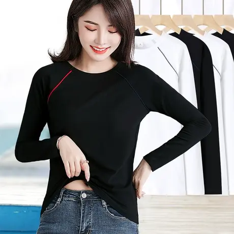 黑色圆领拼接打底衫女春秋季设计感小众长袖内搭外穿显瘦大码上衣商品大图
