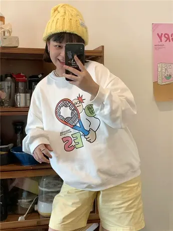 红续小个子宽松圆领套头薄款卫衣女2023秋冬新款韩版卡通印花上衣图片