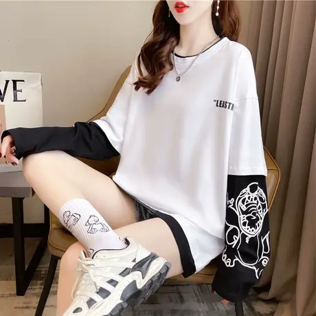 早秋装长袖t恤女春秋季韩版宽松ins初秋设计感小众假两件上衣服潮图片