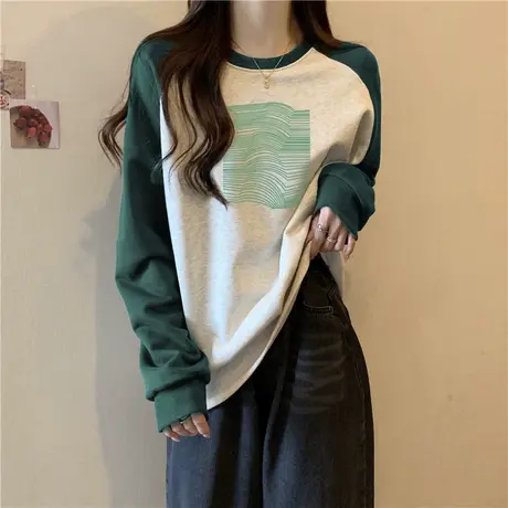 韩版宽松圆领插肩袖卫衣女秋季百搭宽松显瘦薄款拼接长袖上衣服潮图片