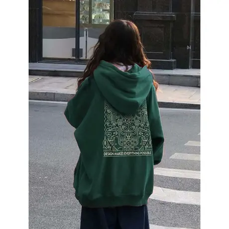 vintage大码绿色卫衣女美式慵懒风ins冬季加绒连帽外套宽松潮上衣商品大图